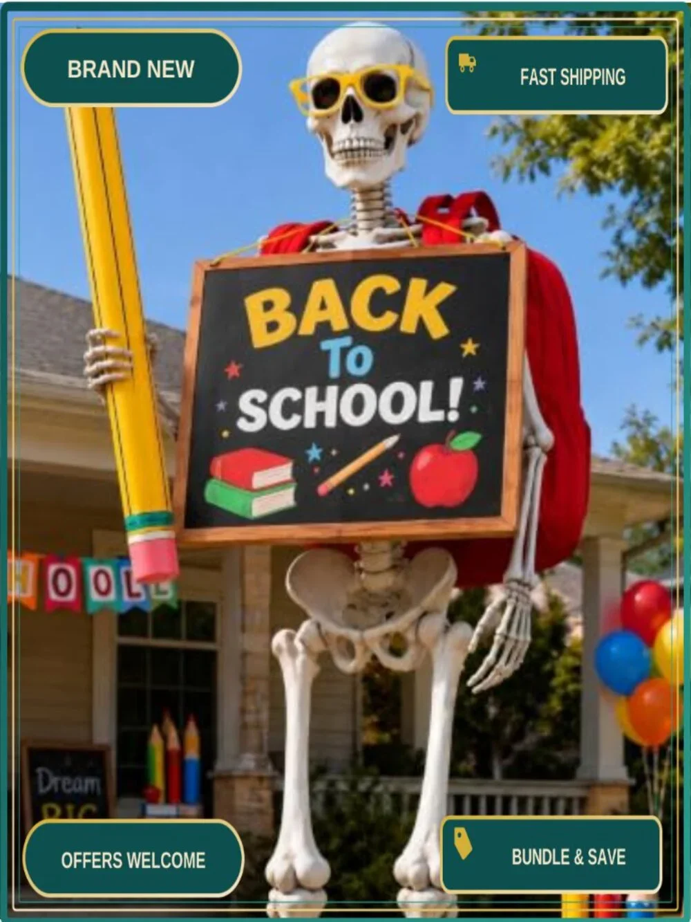 12FT Skeleton Back to School Outfit Costume Accessory Set w/ Backpack, Sign,
